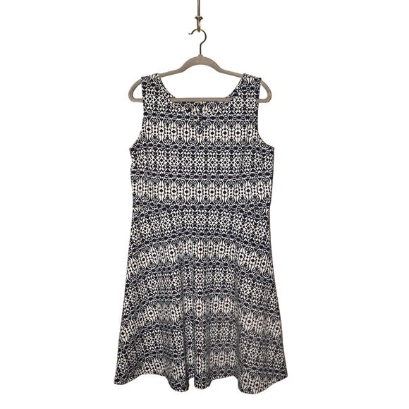TALBOTS $129 Blue White Geometric Ponte Stretch Fit & Flare Dress Large - Picture 1 of 5
